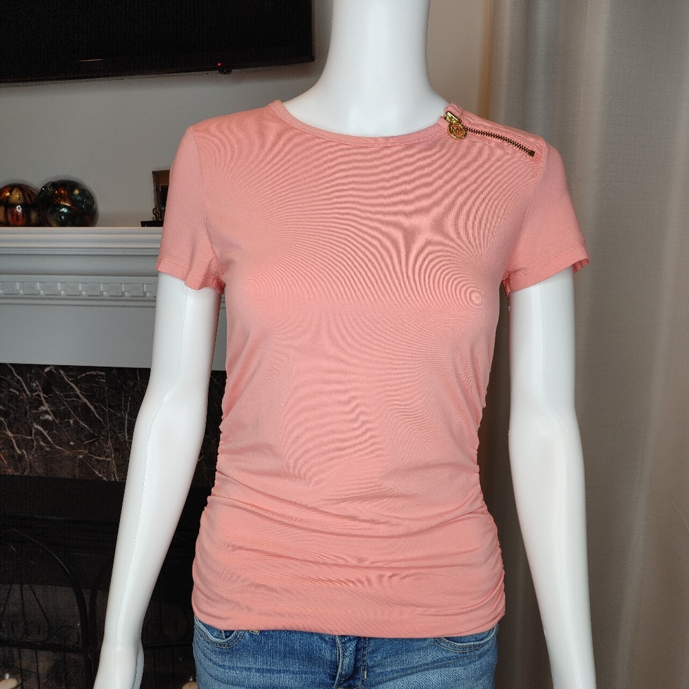 MICHAEL MICHAEL KORS RUCHED TOP WITH ZIP DETAIL, PEACH S - Picture 1 of 11
